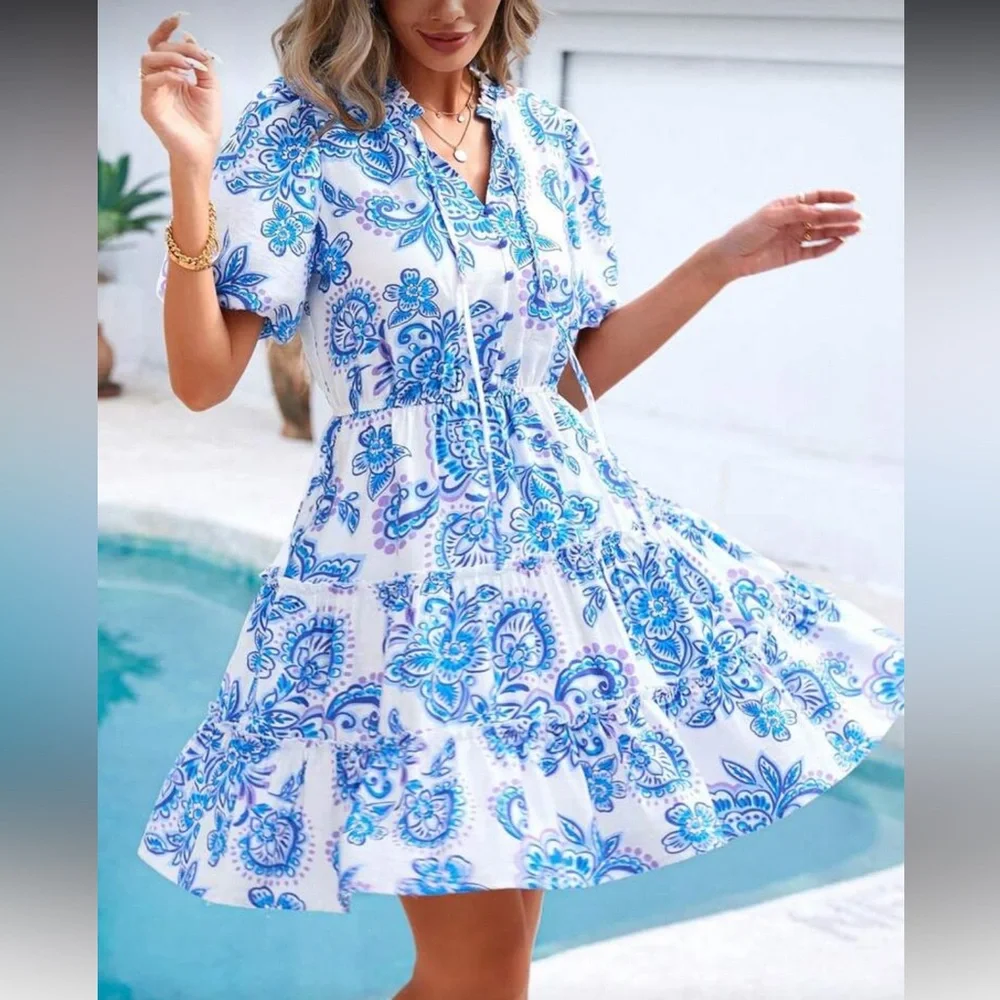 Blue and white floral print dress